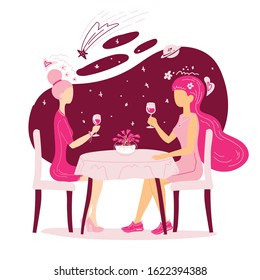 Couple in love on a date in a restaurant. Romantic date concept. Lesbian couple drinking wine in a restaurant. Valentine day vector illustration.