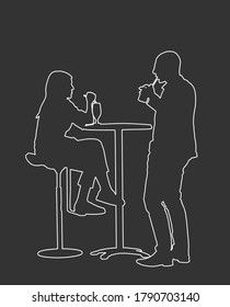 Couple in love on date sitting and talking vector line contour silhouette. Friends drinking cocktail. Night club guests urban life.Snack bar on street. Break relaxation dating after work in restaurant