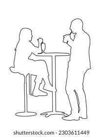 Couple in love on date sitting and talking vector line contour silhouette illustration isolated. Friends drinking cocktail. Night club guests urban life. Break relaxation dating after work restaurant.