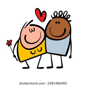 Couple in love on a date. Vector cartoon illustration of boyfriend and girlfriend with different skin color. Isolated funny characters on white background.