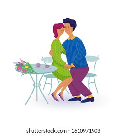 Couple in love on a date.Sweethearts man and woman are sitting on a chairs near the table in a café.Man embraces the woman gently. Vector isolated illustration with texture in  cartoon style. 