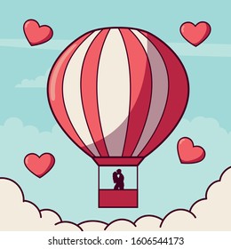 Couple in love on hot air balloon in Valentine