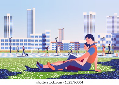 Couple in love on the lawn in the Park with pedestrian area, people and buildings in the background. Handmade drawing vector illustration.