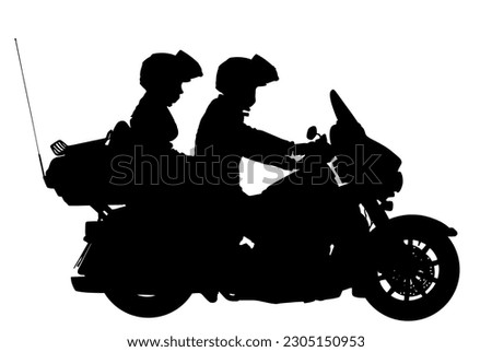 Couple in love on motorcycle vector silhouette illustration isolated on white background. Safety people with helmet, active couple riding motorbike, having fun in bikers road tour. Biker travel shape.