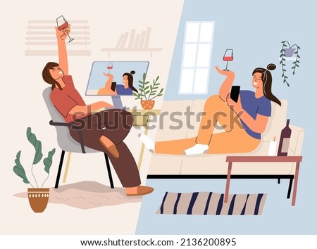 Couple in love on an online date. Internet call of two girls. Virtual romantic meeting of people at computers. Friends drink alcohol. Video conference. Flat graphic vector illustration.