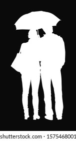 Couple in love on rain under umbrella vector silhouette. Happy time for loving couple. Girlfriend and boyfriend closeness. Successful relationship. Thinking about together life. Waiting taxi or bus.