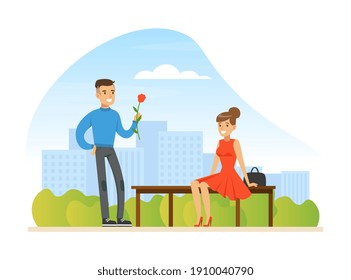 Couple in Love on Romantic Date, Man and Woman Having Romantic Date in City Park Cartoon Vector Illustration