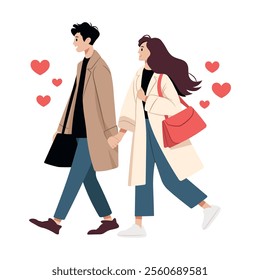 Couple in love on a romantic date. Walk of young people walking together holding hands. Valentine's day. Flat cartoon vector illustration isolated on white background.