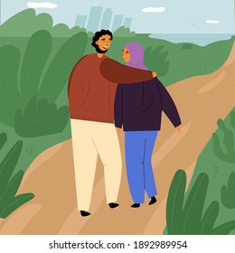 A couple In love on romantic walk in park, looks on each other, talks and hugs. Arab Muslim guy with beard embrace his girlfriend or wife in hijab. Vector isolated illustration in flat style.