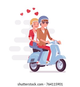 Couple in love on scooter. Young happy pair, man and woman riding a motorbike, enjoying time together, fast and easy city transportation on modern moped. Vector flat style cartoon illustration