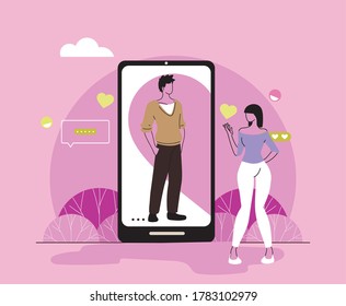 couple in love on the smartphone screen in quarantine times vector illustration desing