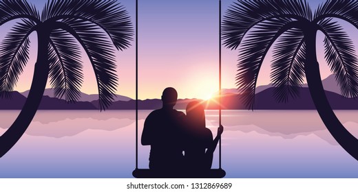 couple in love on a swing enjoys the sunset on the beach between two palm trees by the sea vector illustration EPS10