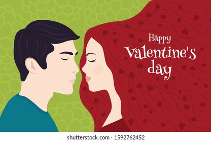 Couple in love on Valentine's Day. Lovers before a kiss. Declaration of love. Vector illustration in a flat style.
