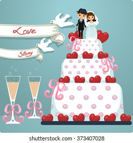 Couple in love on the wedding day, Bride and Groom in the occasional dressing - white dress and wedding suit. A wedding cake