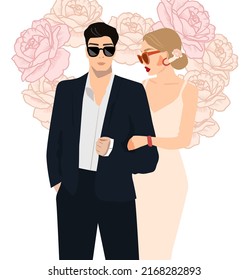 A couple in love on a white background with roses. Valentine's Day card or wedding card. Vector illustration is fashionable for men and women in evening outfits. The bride and groom hugging
