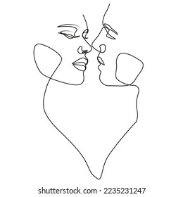 Couple in love one line art. Man and woman are kissing. Minimalist simple line drawing on a white background.