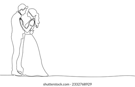 Couple with love. One line continuous wedding banner concept. Line art, outline, minimal vector illustration.