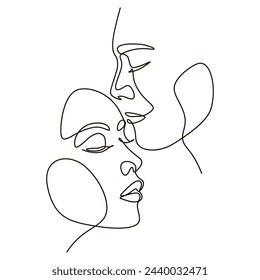 Couple in love one line drawing. Couple man and woman art. 2 faces. Minimal face vector illustration. Kiss print, Valentines Day, love poster.