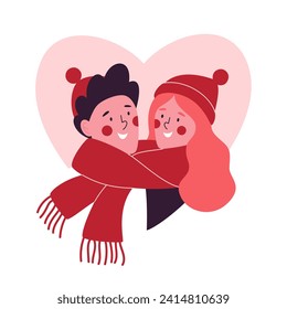 Couple in love in one shared scarf. Romantic on February 14. Valentine's day vector illustration