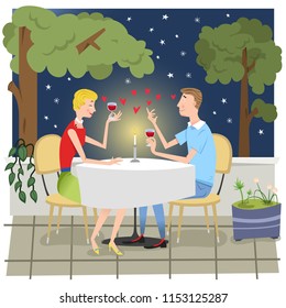 Couple In Love At Outdoor Candlelight Dinner With Red Wine Under Star (vector Illustration)