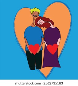 Couple in love outline vector illustration. Happy man and woman in heart shaped frame, girlfriend and boyfriend cartoon characters. Romantic relationship concept.