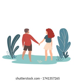 Couple in love. Pair of romantic partners on date. Happy boyfriend and girlfriend. Vector illustration of woman and man in love walks in nature.