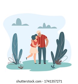 Couple in love. Pair of romantic partners on date. Happy boyfriend and girlfriend. Vector illustration of woman and man in love walks in nature.