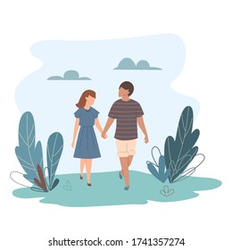 Couple in love. Pair of romantic partners on date. Happy boyfriend and girlfriend. Vector illustration of woman and man in love walks in nature.