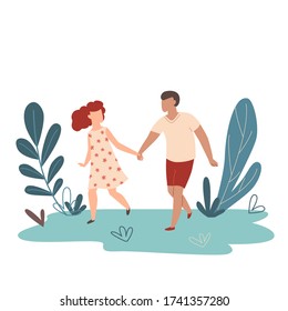 Couple in love. Pair of romantic partners on date. Happy boyfriend and girlfriend. Vector illustration of woman and man in love walks in nature.
