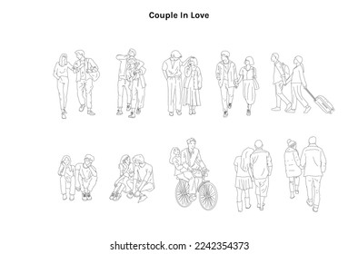 Couple in love, people line cad art. Vector illustration of teenager men and women standing walking talking sitting, bike in front back and side view. Symbol for architecture and landscape design draw