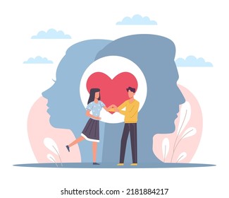 Couple In Love. People Solidarity. Friendship Trust And Union. Love Mental Emotional Connection, Romantic Relationships, Man And Woman Hold Hands, Head Silhouette, Vector Cartoon Concept