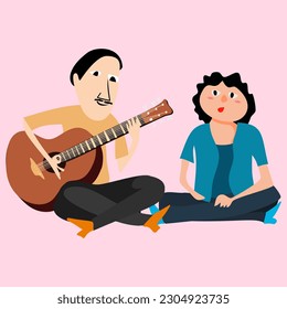 Couple, love, play, romance, music, recreation concept. Romantic old man and woman with no children citizen pensioner sitting on couch together and playing guitar musical instrument. Happy retirement