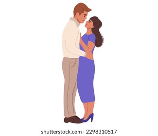 Couple in love. Portrait of a joyful man hugging his girlfriend, standing together, side view in profile, full body length, isolated on white background.