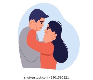 Couple in love. Portrait of a joyful man hugging his girlfriend, standing together, side view in profile, , isolated on white background.