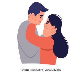 Couple in love. Portrait of a joyful man hugging his girlfriend, standing together, side view in profile, , isolated on white background.