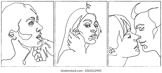Couple in love portrait. Sensual faces of lovers. Abstract poster set