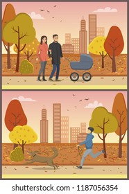 Couple in love with pram, family mother and father walking together in autumn park set vector. Boy running and walking dog on leash, pet canine breed