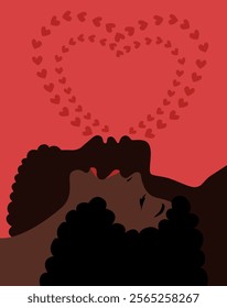 Couple in love in profile. Illustration of African American man and woman in love symbolizing love and tenderness against a frame of hearts. Valentine's day card template. Vector illustration