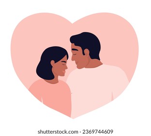 Couple in love in profile in the silhouette of a heart. A man and a woman are happy together. Vector graphics.