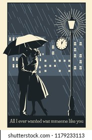 Couple in Love, Rain, Umbrella, Street Lantern