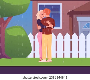 Couple in love in the rain, vector illustration in cartoon style. Young people, male and female characters hugging and kissing against the backdrop of a country landscape. Nearby house and trees