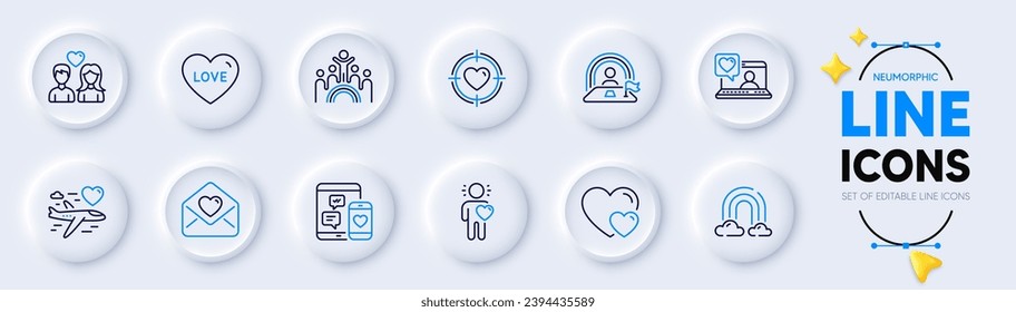 Couple love, Rainbow and Inclusion line icons for web app. Pack of Social media, Friends chat, Lgbt pictogram icons. Valentine target, Love letter, Friend signs. Honeymoon travel, Hearts. Vector