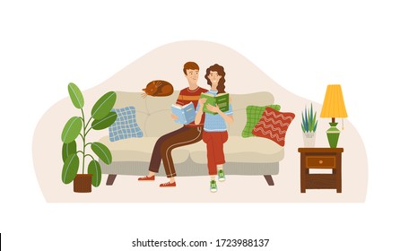 Couple in love reading books on sofa. Stay at home concept. Happy young man and woman spending weekend together. Girl and boy relaxing with book in room. Vector illustration. Family holiday at home