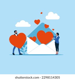 Couple in love receiving love message. Valentines day concept. Modern vector illustration in flat style.