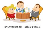 Couple in love in a restaurant. Respectable gentleman and fat lady in red raising a toast, while waiter offering menu, funny cartoon illustration. Vector