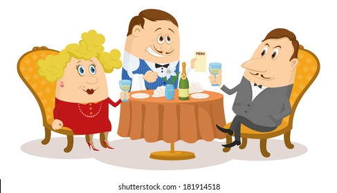 Couple In Love In A Restaurant. Respectable Gentleman And Fat Lady In Red Raising A Toast, While Waiter Offering Menu, Funny Cartoon Illustration. Vector