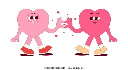 Couple in love, retro hearts characters in groovy style. Lovely and psychedelic mascots with face, hands, feet. Happy Valentines day. Isolated on transparent background