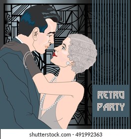 Couple in love. Retro party invitation card. Handmade drawing vector illustration. Art deco style