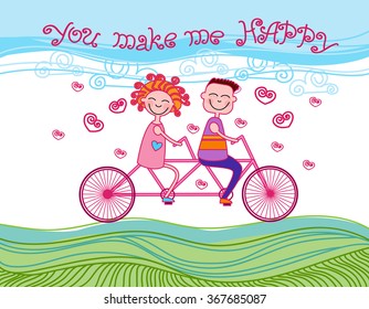 Couple Love Ride Tandem Bicycle Heart Shape Vector Illustration