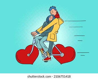a couple in love rides a bicycle, a red valentine heart instead of wheels. Valentines day